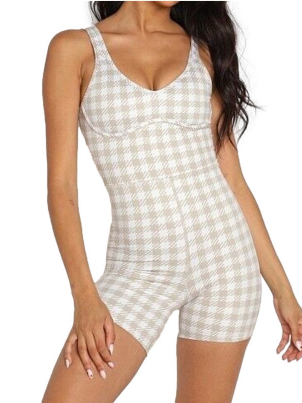 Beach Riot Jada Onesie Taupe Houndstooth size xs